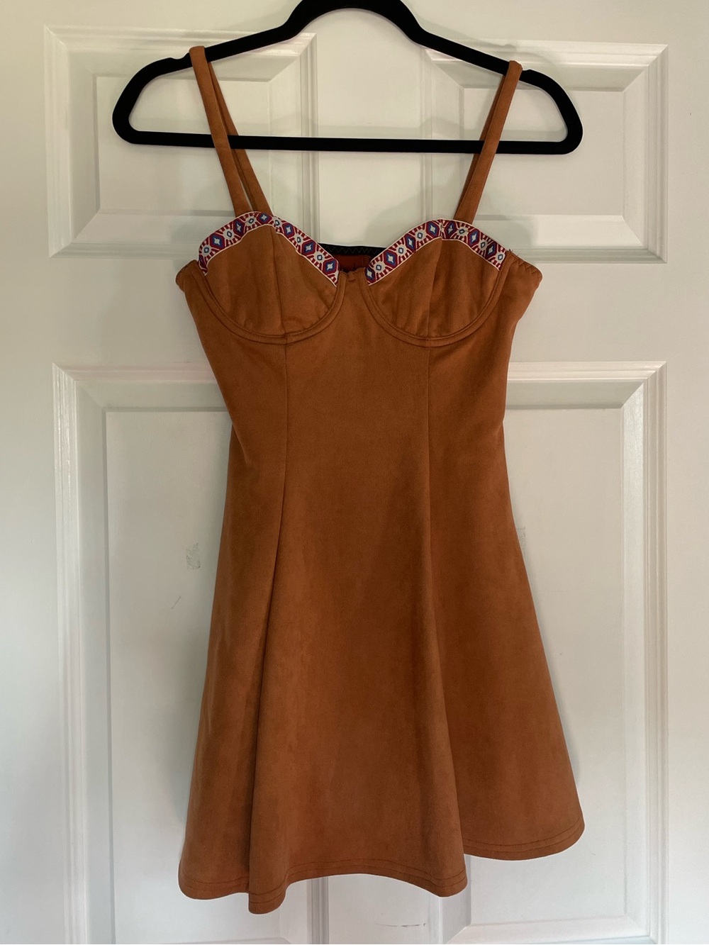 Tan Suede Swing Dress with Embroidered Bust